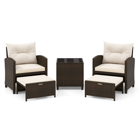 5-Piece Patio Rattan Furniture Set with Ottomans and Coffee Table for Backyard-White