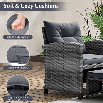 5 Piece Wicker Patio Furniture Set with 2 Cushioned Chairs and 2 Ottomans-Dark Grey