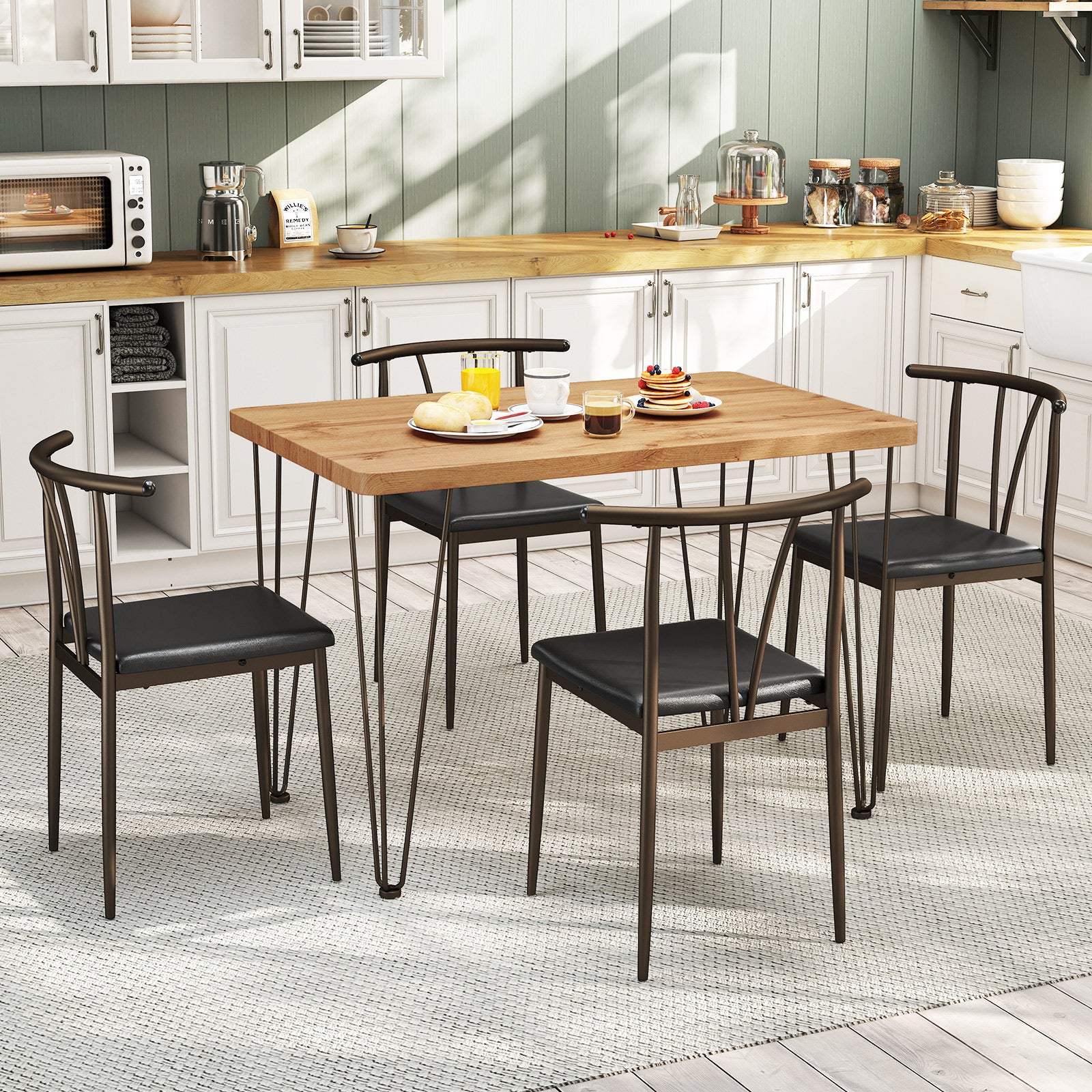 5-Piece Dining Table Set wuth Upholstered Seat and Metal Frame-Coffee
