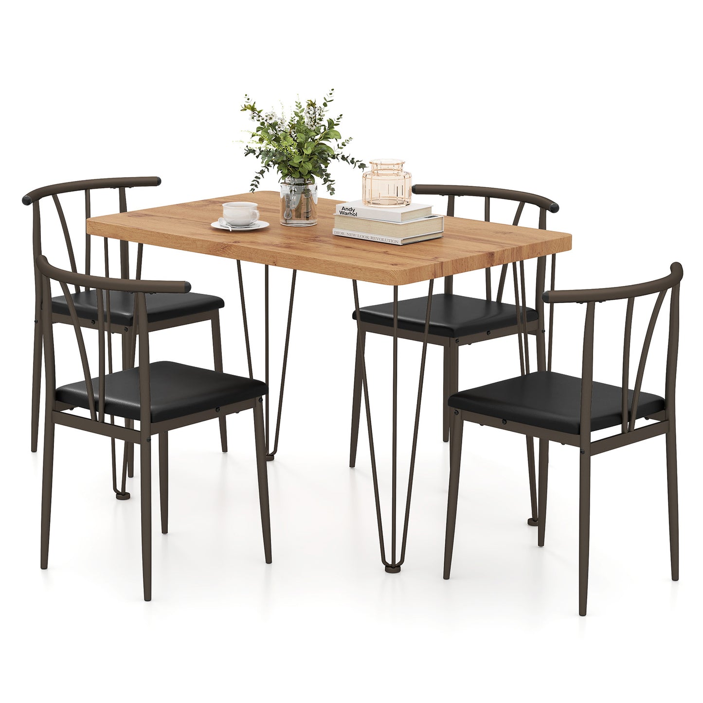 5-Piece Dining Table Set wuth Upholstered Seat and Metal Frame-Coffee