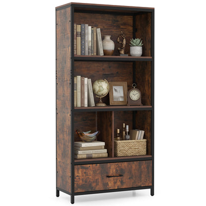 5-Tier Bookshelf Freestanding Bookcase with 4 Storage Compartments-Rustic Brown