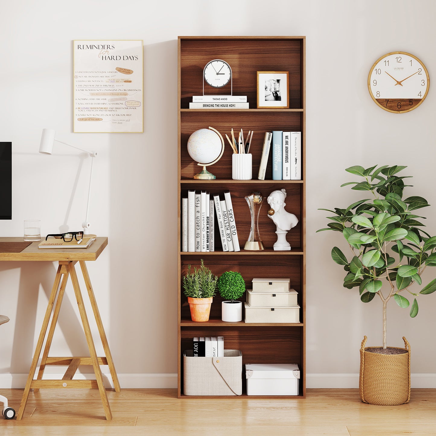 5-Tier Bookshelf with Freestanding Display Shelf and Storage Organizer for Living Room-Brown