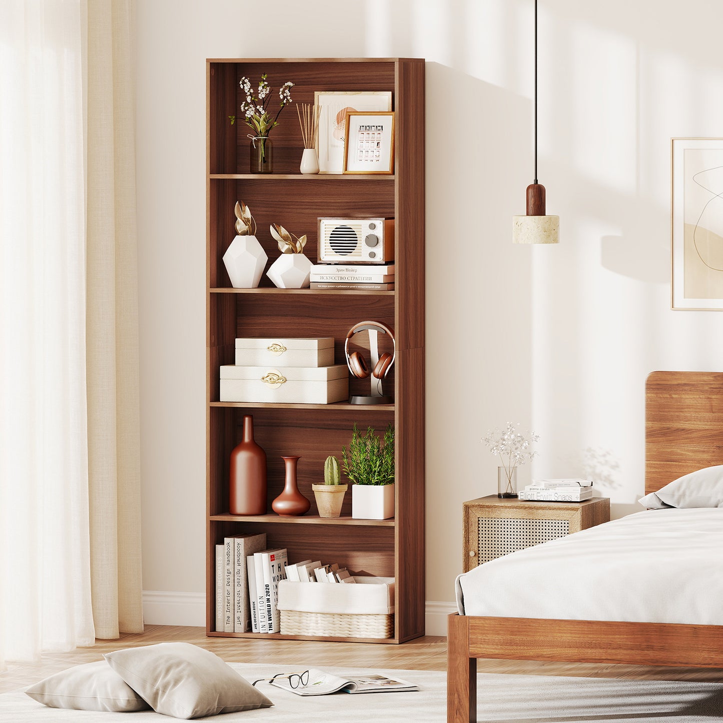 5-Tier Bookshelf with Freestanding Display Shelf and Storage Organizer for Living Room-Brown