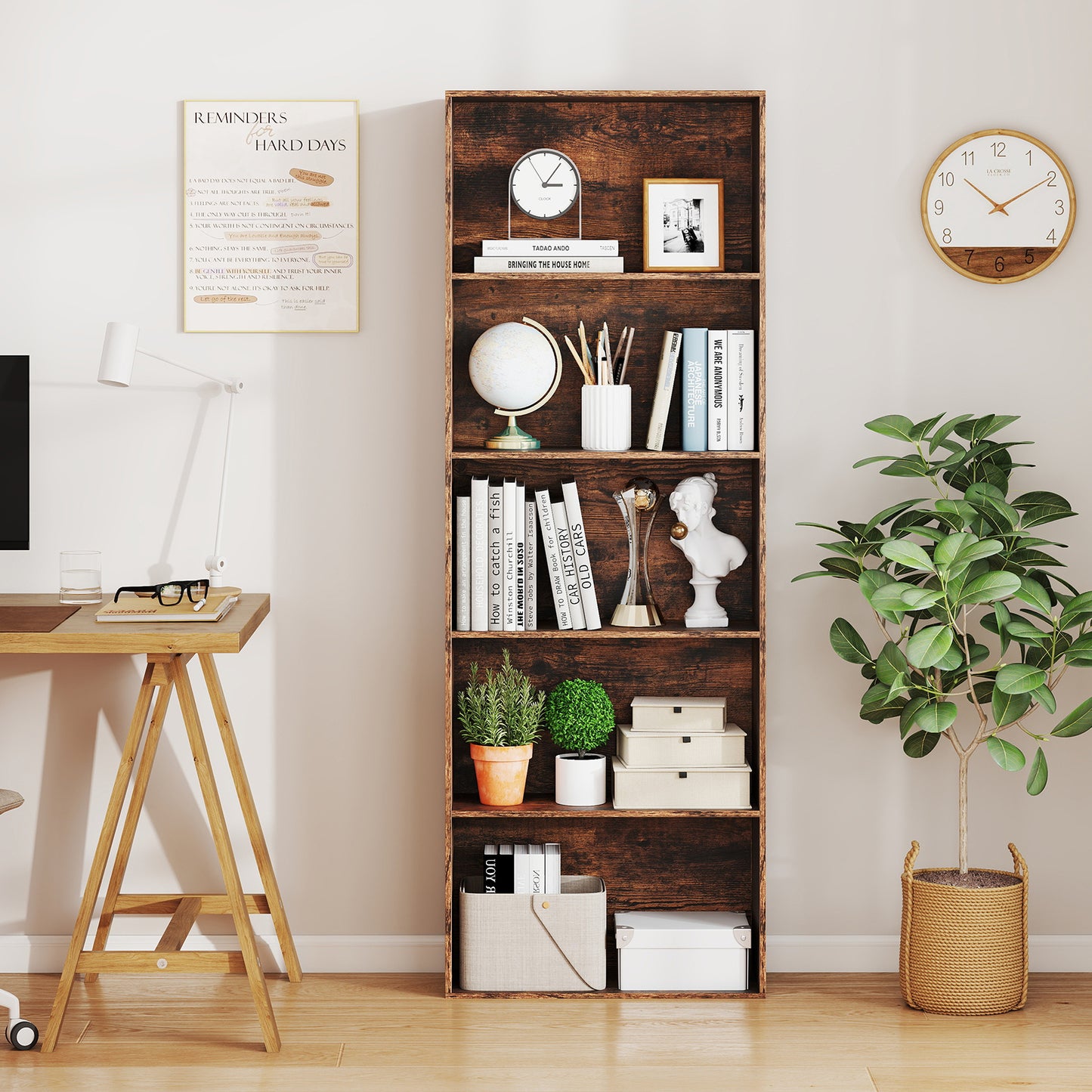 5-Tier Bookshelf with Freestanding Display Shelf and Storage Organizer for Living Room-Rustic Brown