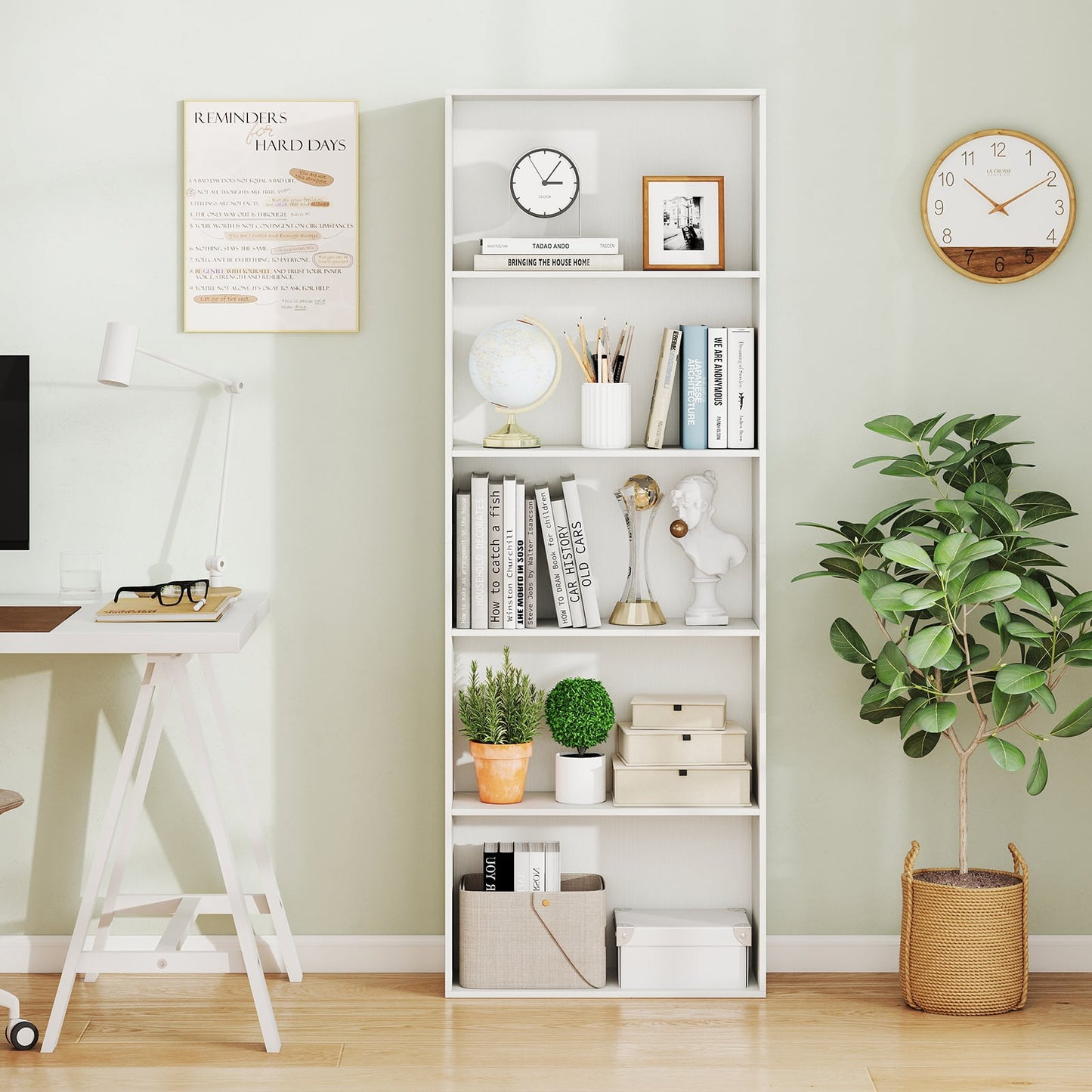 5-Tier Bookshelf with Freestanding Display Shelf and Storage Organizer for Living Room-White