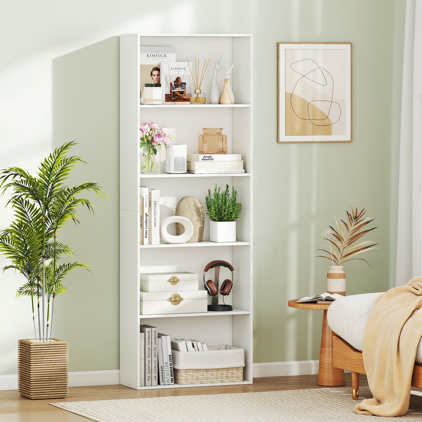 5-Tier Bookshelf with Freestanding Display Shelf and Storage Organizer for Living Room-White