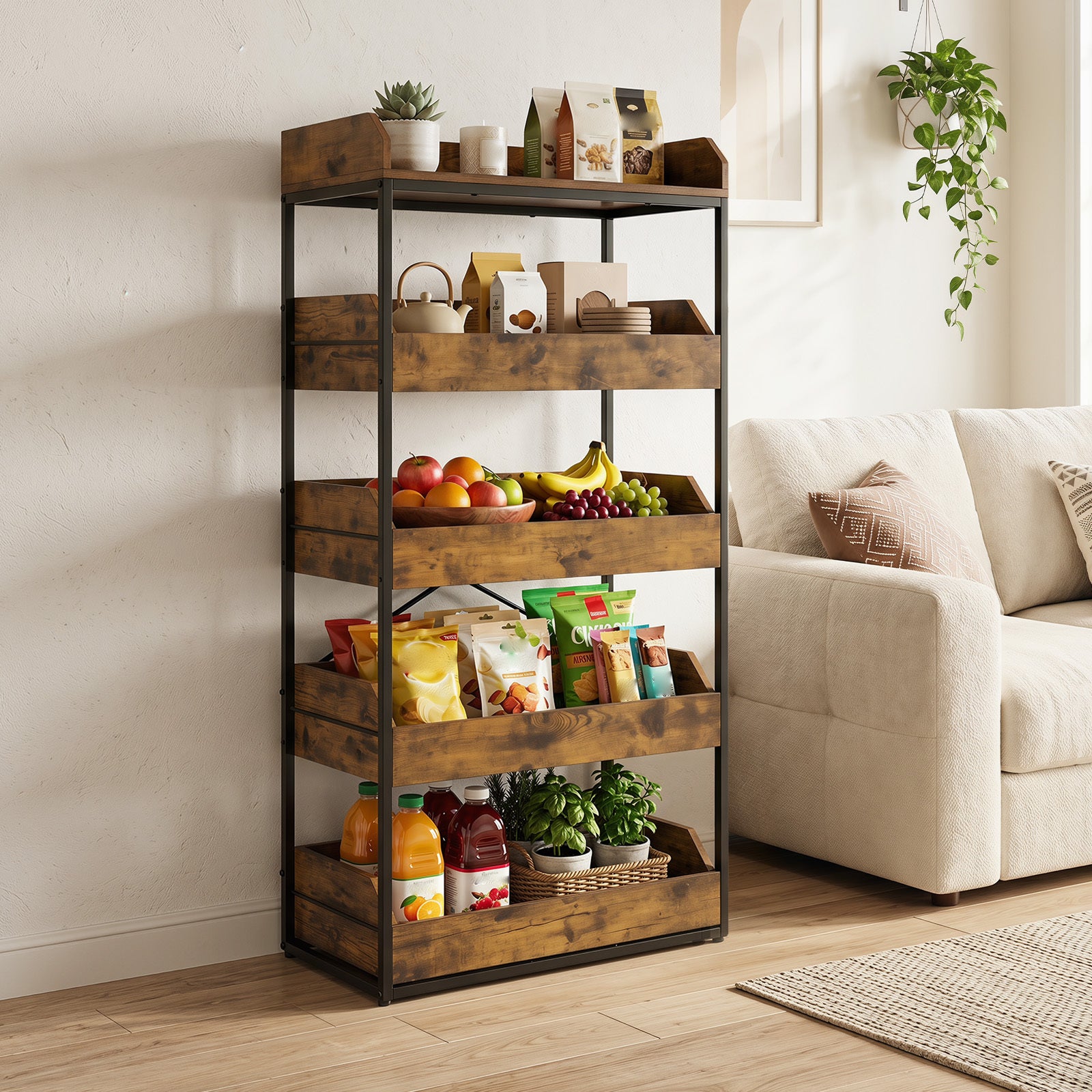 5-Tier Food Storage Rack Retail Snack Display Shelf with 4 Pull-out Drawers-Rustic Brown
