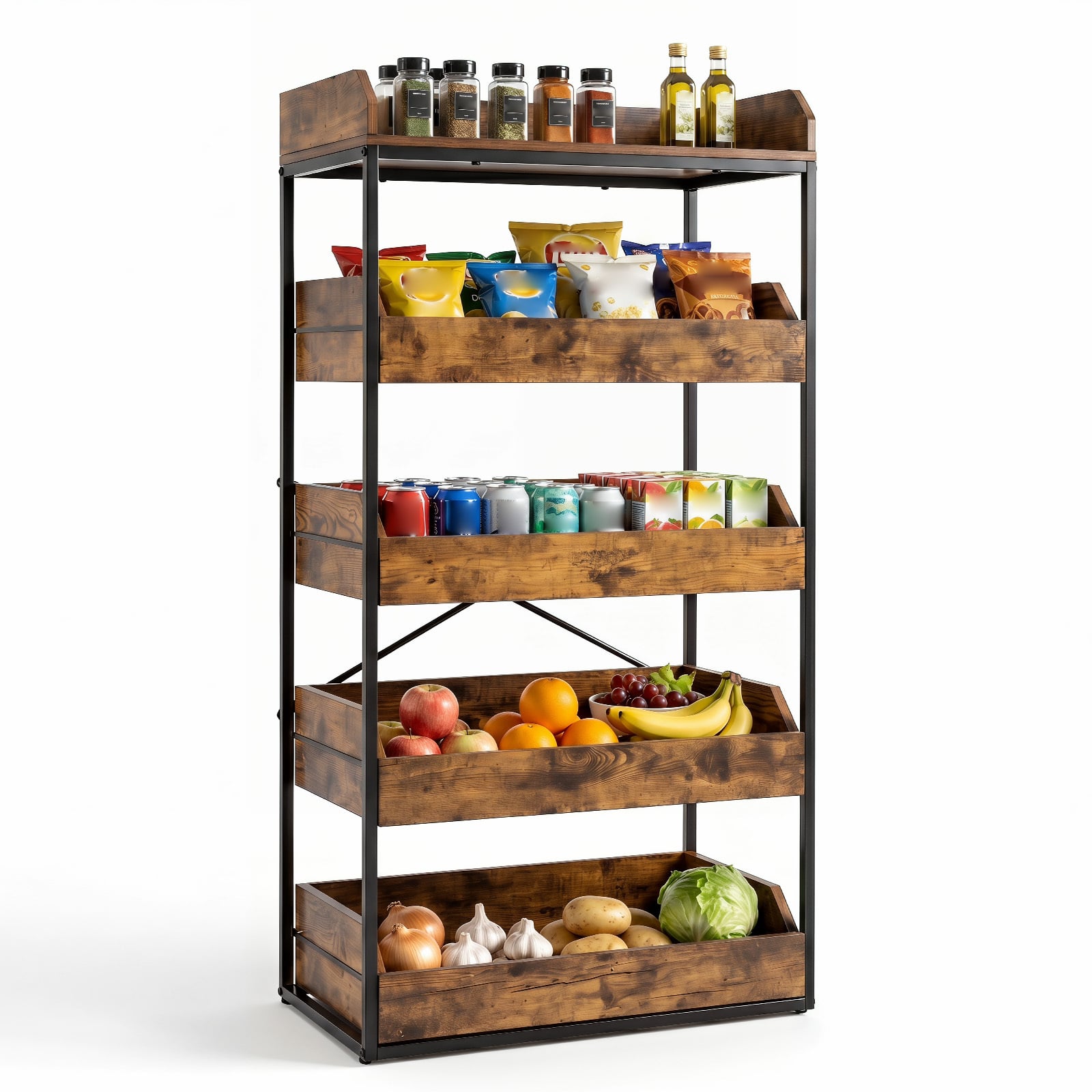 5-Tier Food Storage Rack Retail Snack Display Shelf with 4 Pull-out Drawers-Rustic Brown