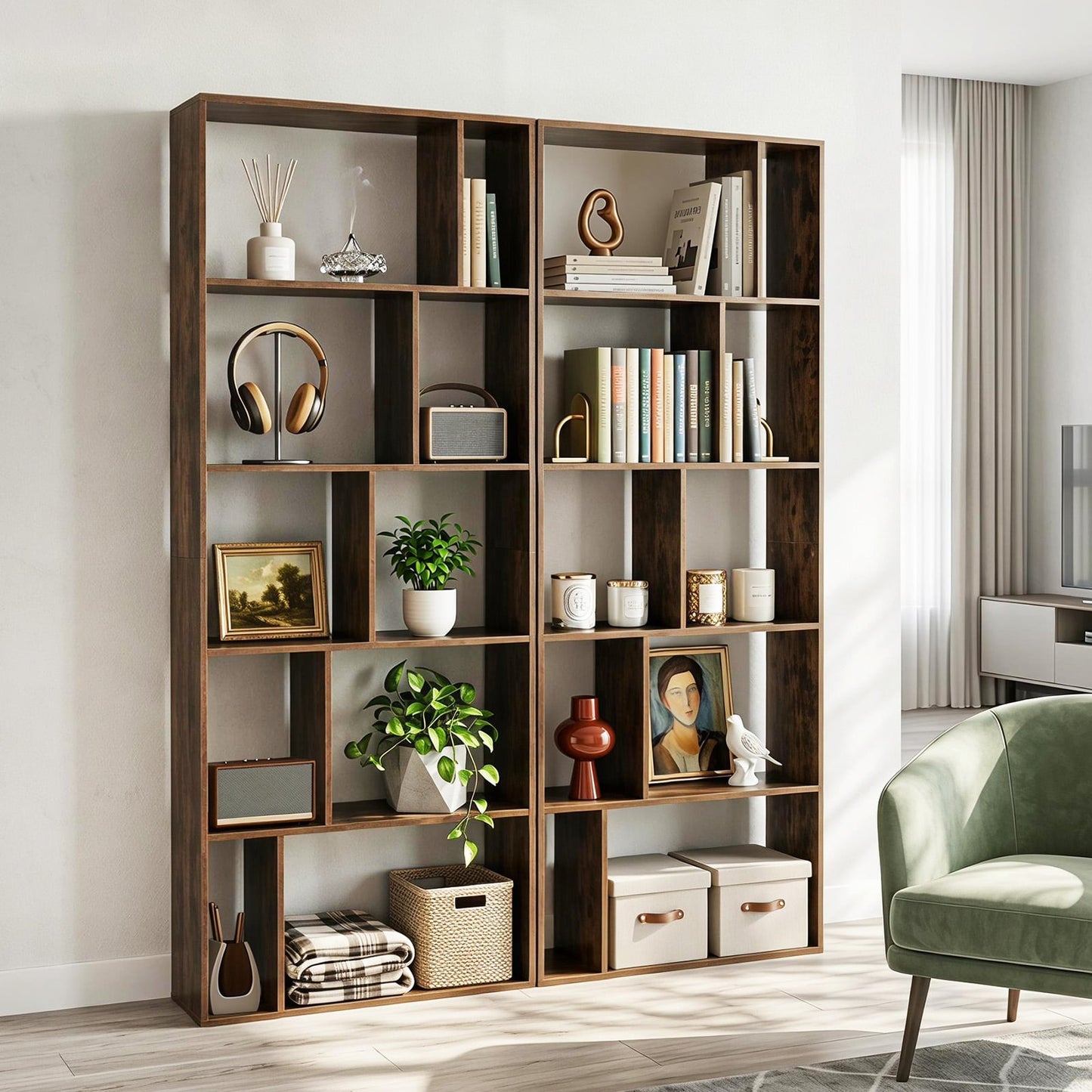 5-Tier Geometric Bookshelf with 10 Open Cubbies-Rustic Brown
