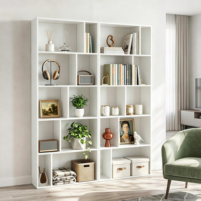 5-Tier Geometric Bookshelf with 10 Open Cubbies-White