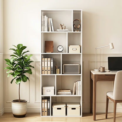 5-Tier Geometric Bookshelf with 10 Open Cubbies-White