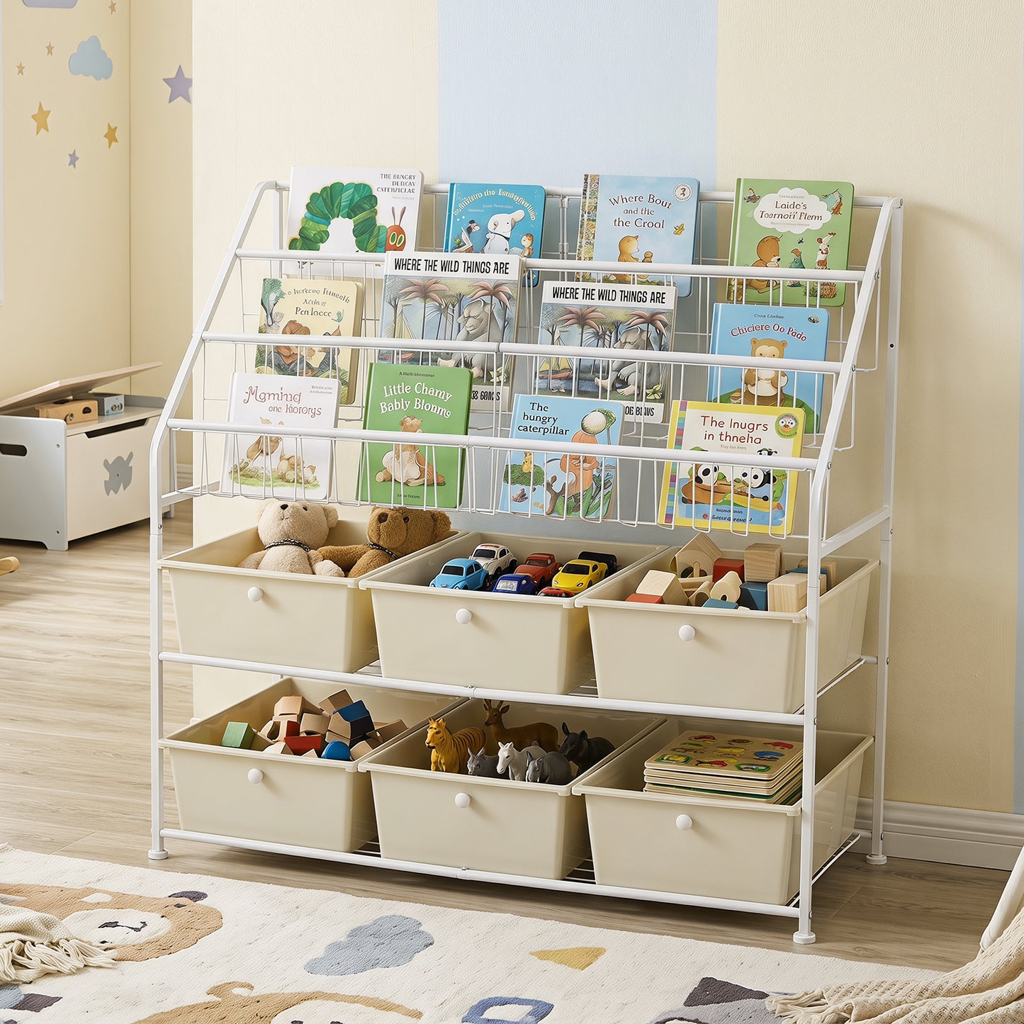 5-Tier Metal Rack Shelf with 6 Removable Drawers and 3 Baskets for Playroom-White