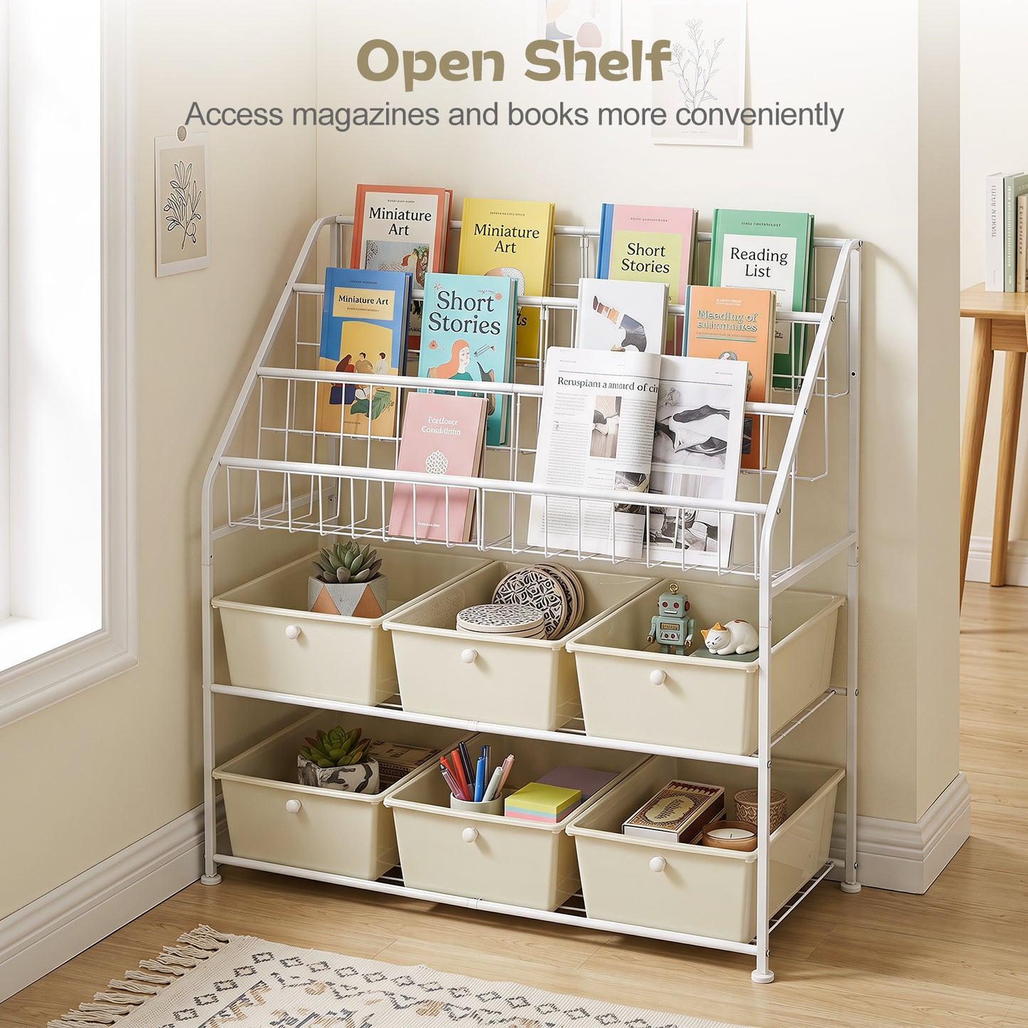 5-Tier Metal Rack Shelf with 6 Removable Drawers and 3 Baskets for Playroom-White