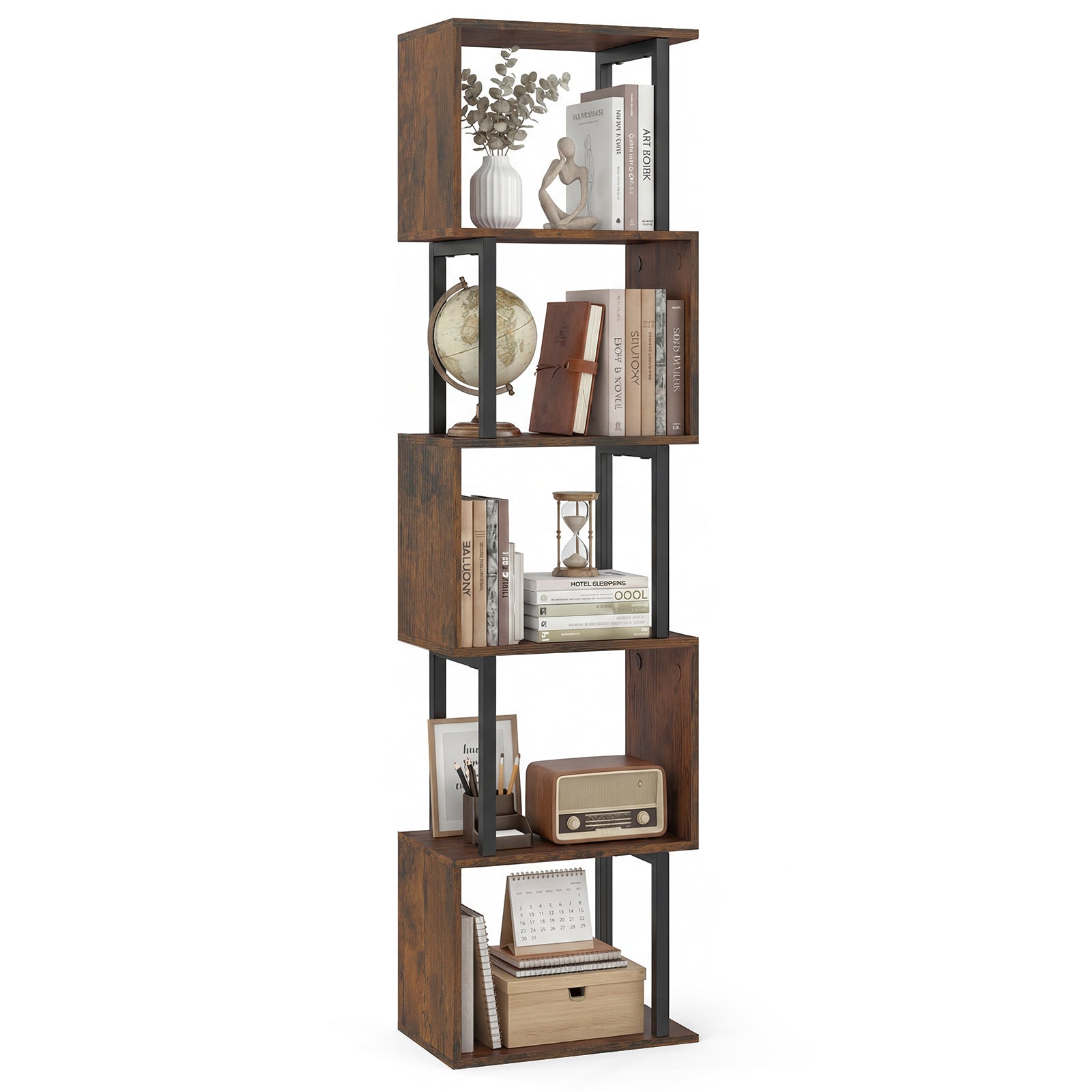 5-Tier Modern Bookshelf with Metal Frame for Home Office-Rustic Brown
