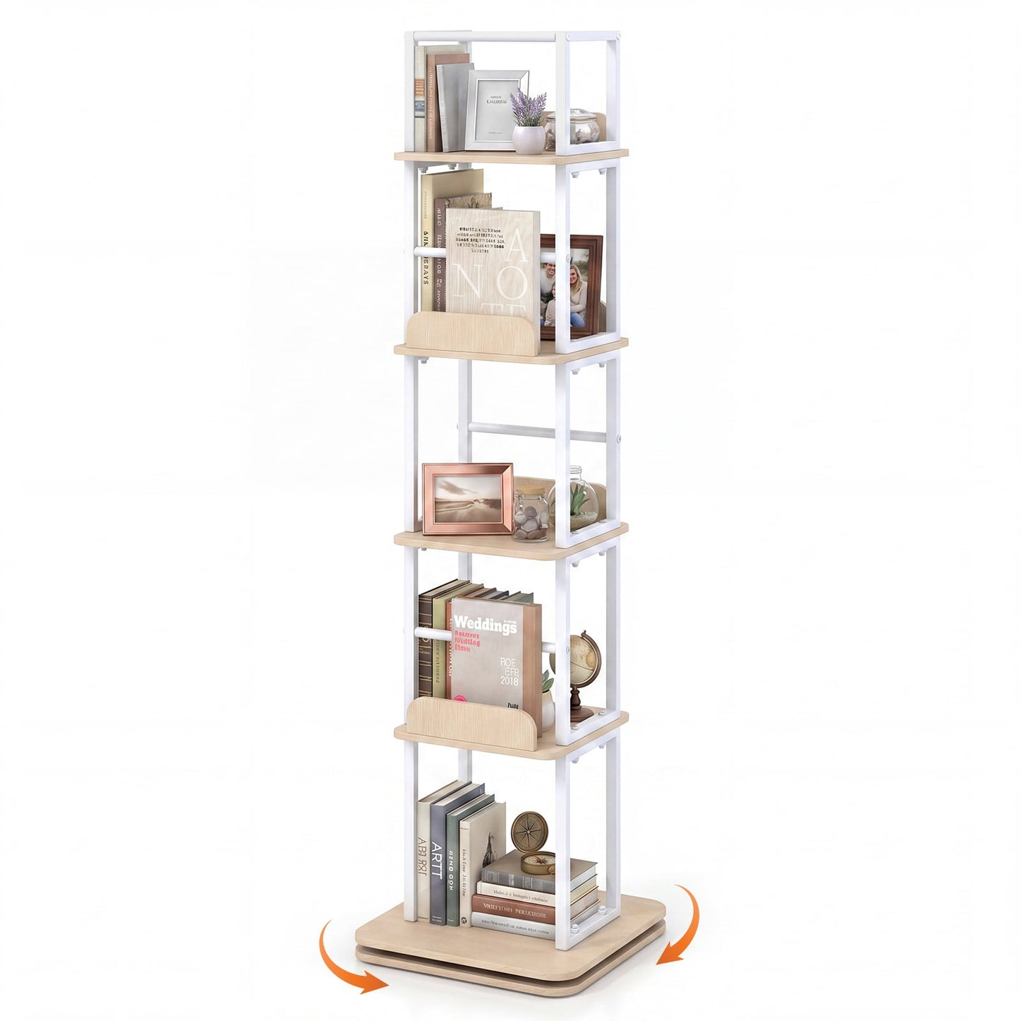5-Tier Rotating Bookshelf Tower with 360° Spin & Side Rails for Small Spaces-Oak