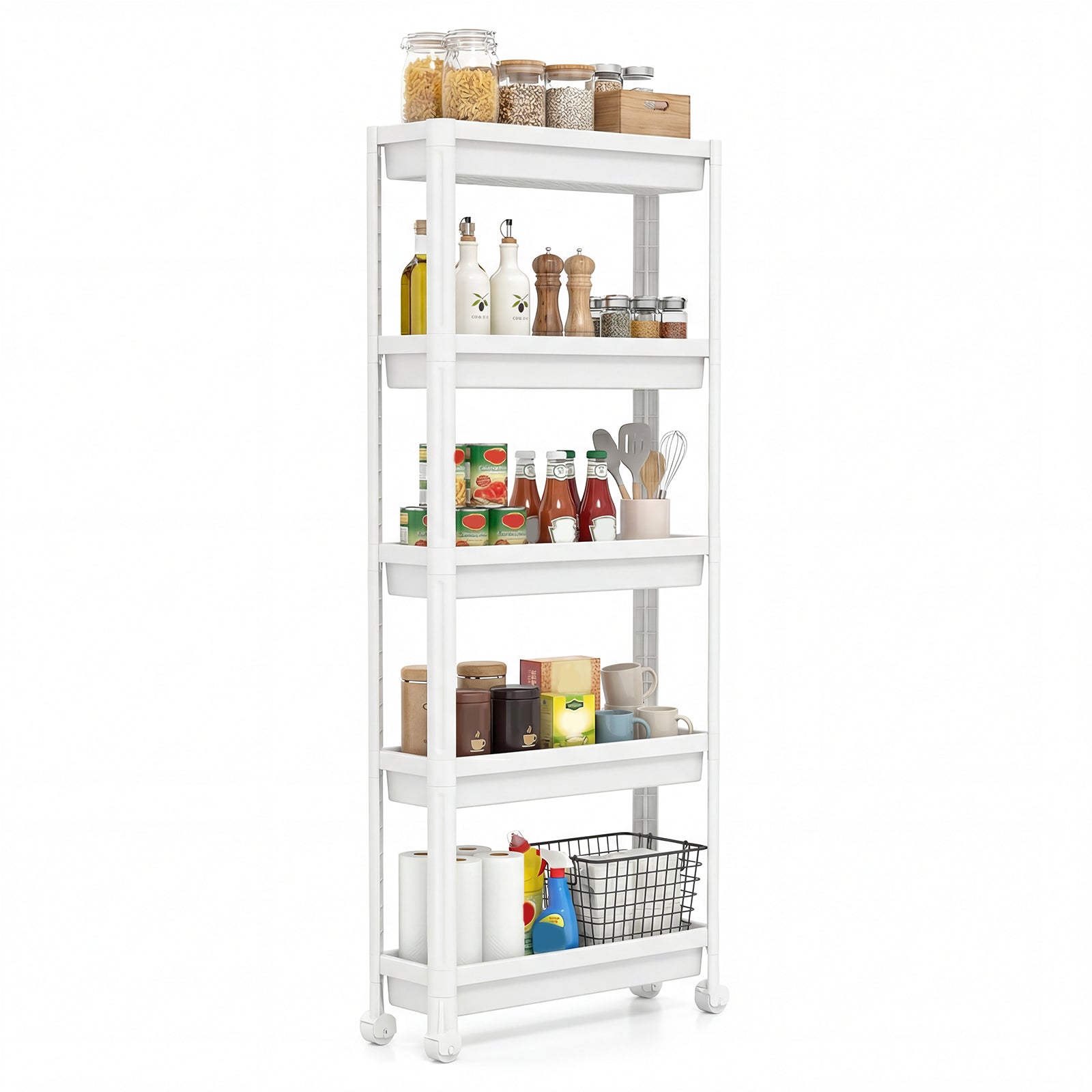 5-Tier Slim Rolling Storage Cart with Smooth Wheels for Kitchen-White