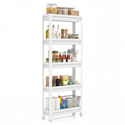 5-Tier Slim Rolling Storage Cart with Smooth Wheels for Kitchen-White