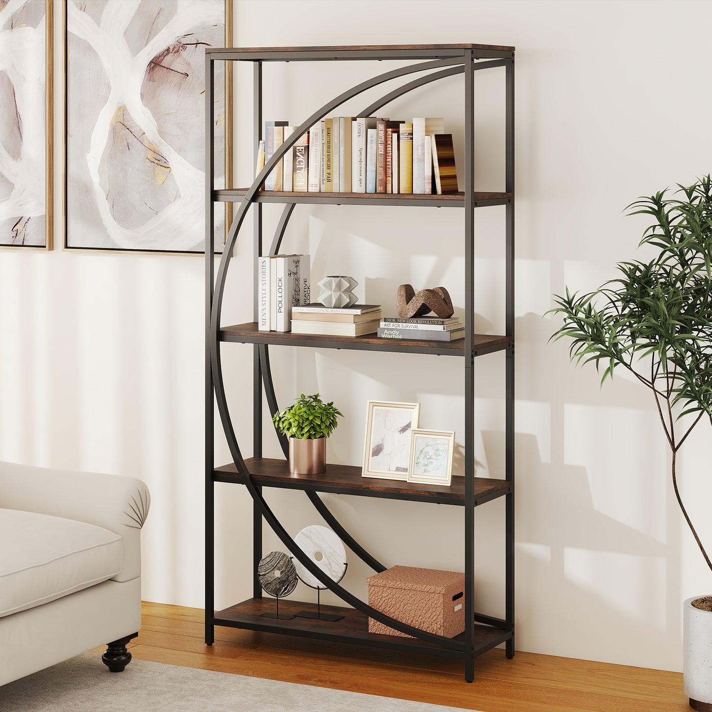 5-Tier Industrial Etagere Bookshelf with Open Storage Shelves and Arc-Shaped Design-Rustic Brown