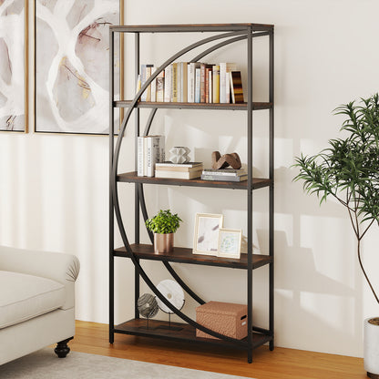 5-Tier Industrial Etagere Bookshelf with Open Storage Shelves and Arc-Shaped Design-Rustic Brown