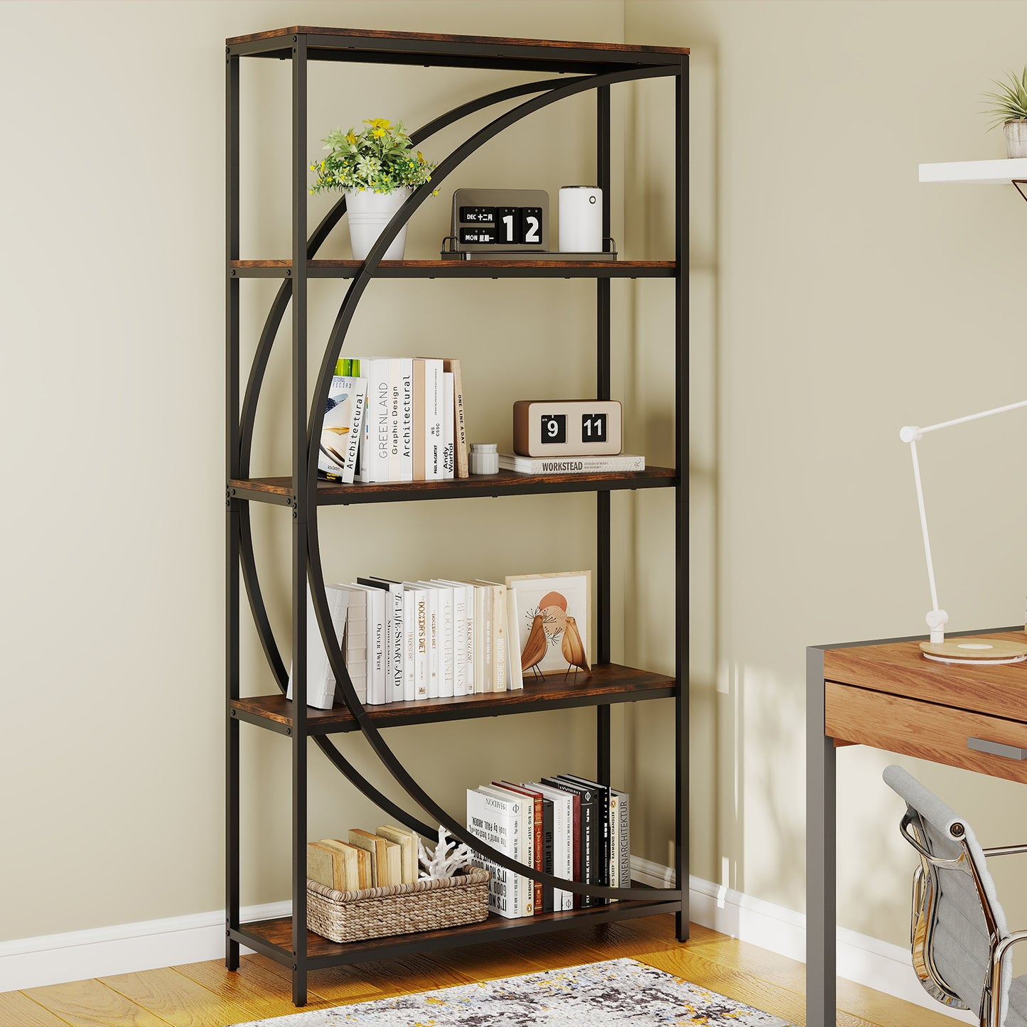 5-Tier Industrial Etagere Bookshelf with Open Storage Shelves and Arc-Shaped Design-Rustic Brown