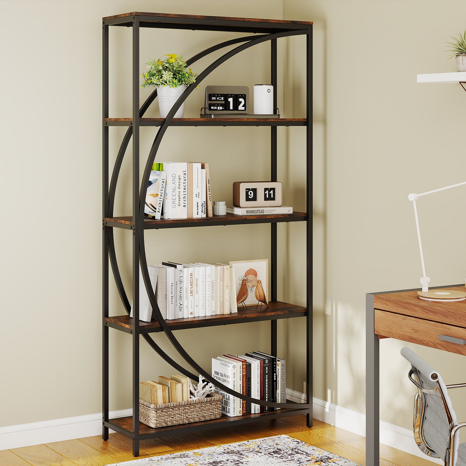 5-Tier Industrial Etagere Bookshelf with Open Storage Shelves and Arc-Shaped Design-Rustic Brown