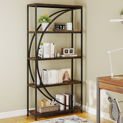 5-Tier Industrial Etagere Bookshelf with Open Storage Shelves and Arc-Shaped Design-Rustic Brown