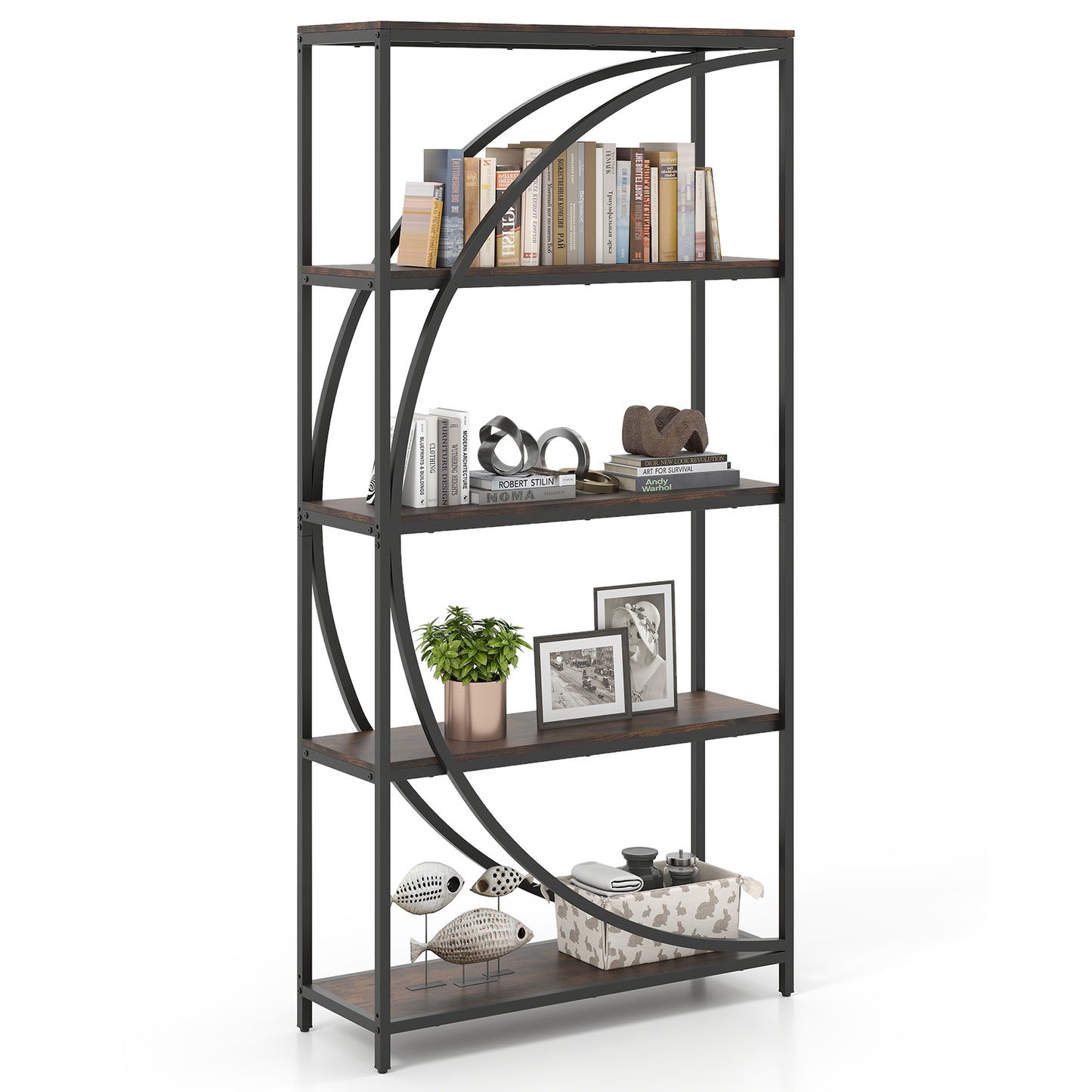 5-Tier Industrial Etagere Bookshelf with Open Storage Shelves and Arc-Shaped Design-Rustic Brown
