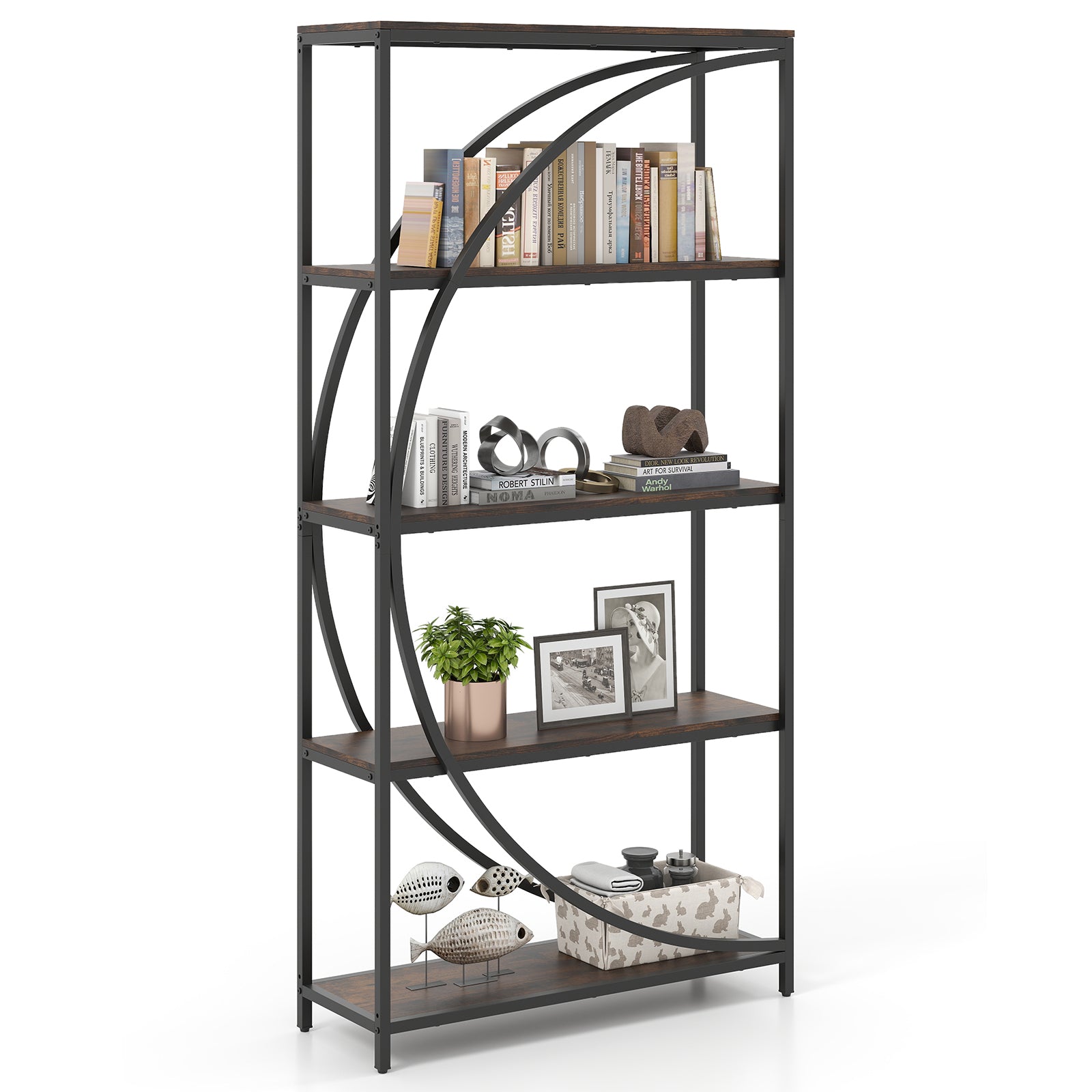 5-Tier Industrial Etagere Bookshelf with Open Storage Shelves and Arc-Shaped Design-Rustic Brown