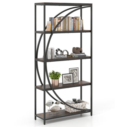 5-Tier Industrial Etagere Bookshelf with Open Storage Shelves and Arc-Shaped Design-Rustic Brown