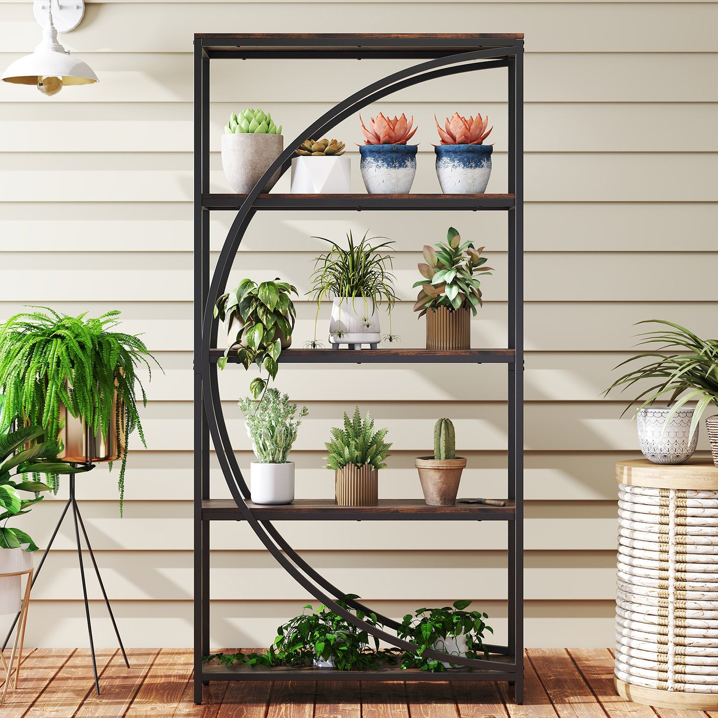 5-Tier Industrial Etagere Bookshelf with Open Storage Shelves and Arc-Shaped Design-Rustic Brown
