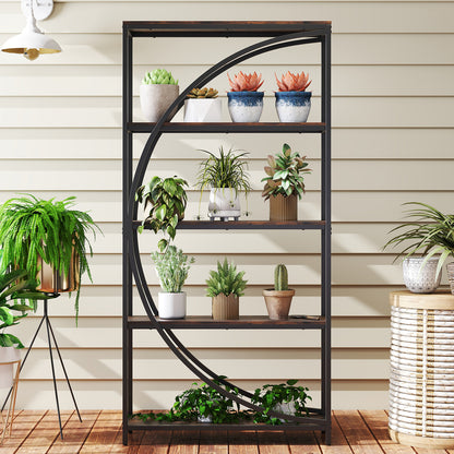 5-Tier Industrial Etagere Bookshelf with Open Storage Shelves and Arc-Shaped Design-Rustic Brown