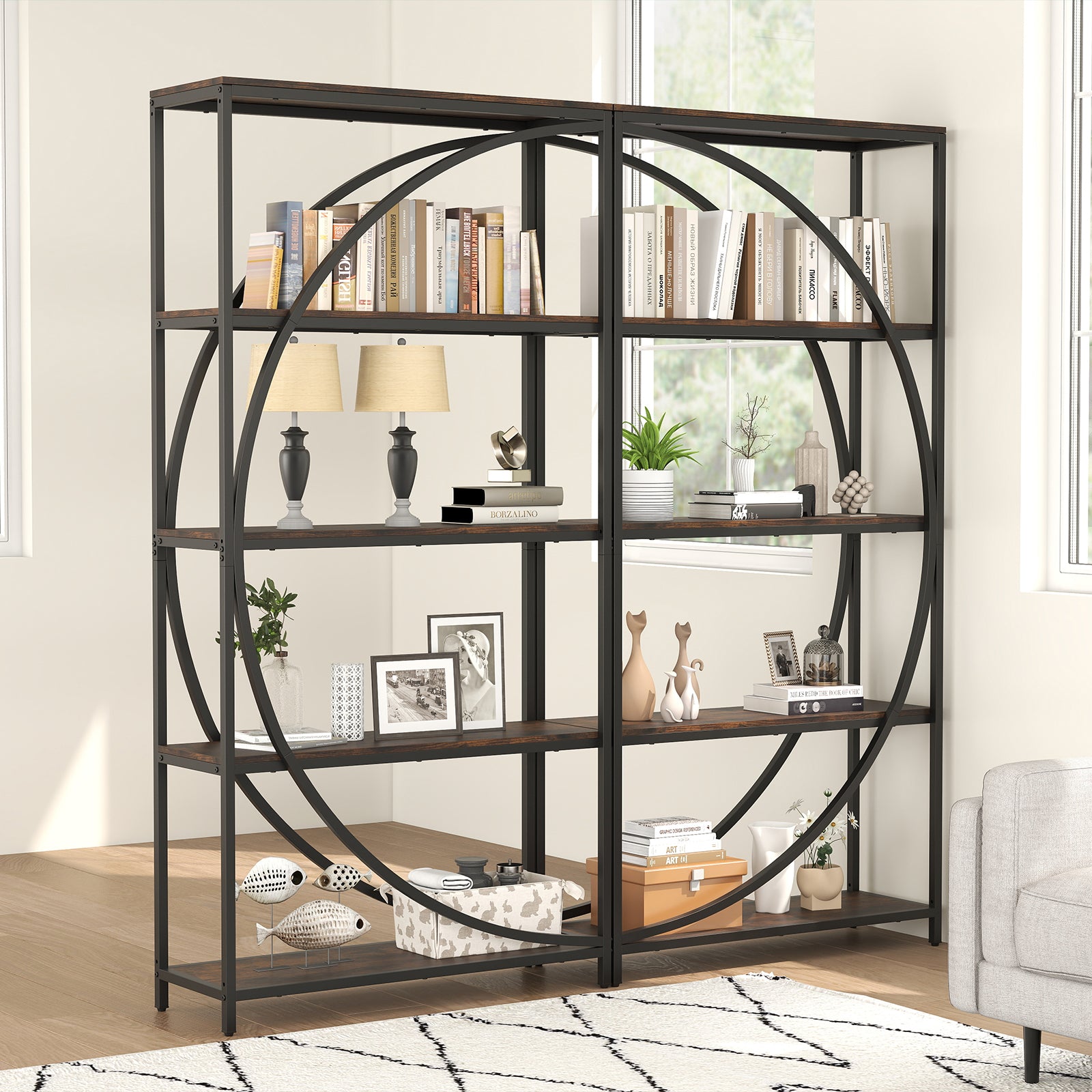 5-Tier Industrial Etagere Bookshelf with Open Storage Shelves and Arc-Shaped Design-Rustic Brown