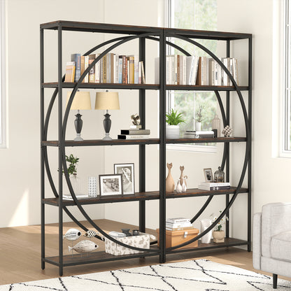 5-Tier Industrial Etagere Bookshelf with Open Storage Shelves and Arc-Shaped Design-Rustic Brown