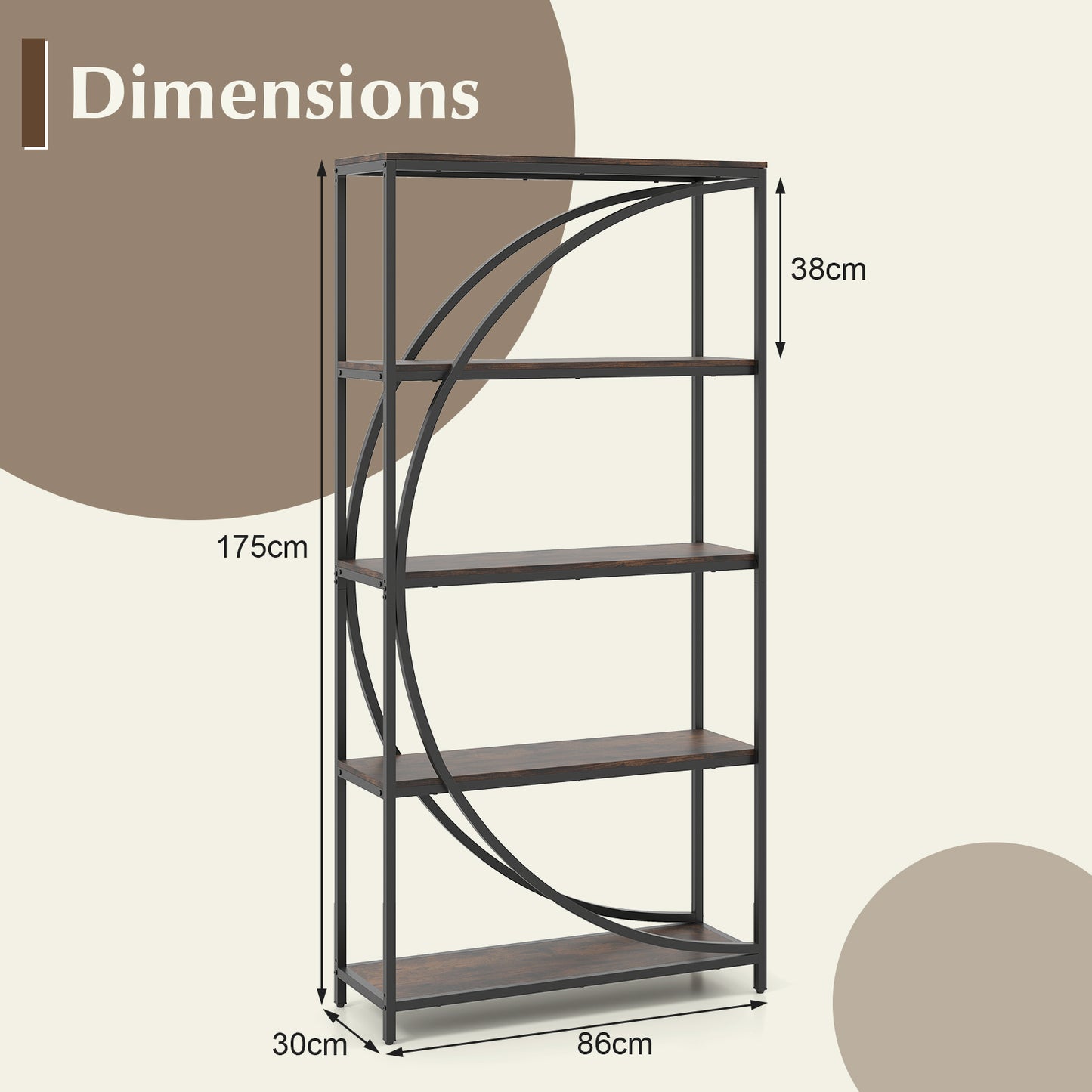 5-Tier Industrial Etagere Bookshelf with Open Storage Shelves and Arc-Shaped Design-Rustic Brown