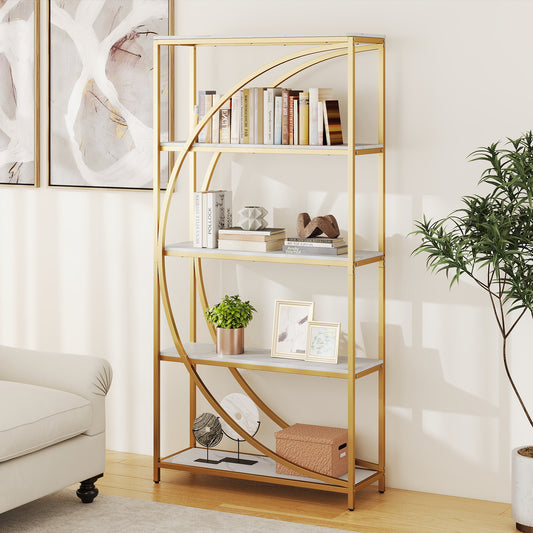 5-Tier Industrial Etagere Bookshelf with Open Storage Shelves and Arc-Shaped Design-White
