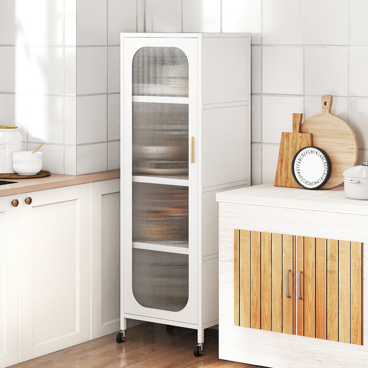 5-Tier Metal Storage Cabinet with Adjustable Shelves for Dining Room-White