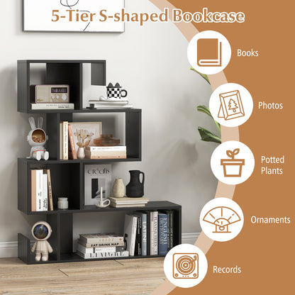 5-Tier S-Shaped Bookshelf with Open Cubes and Anti-Toppling Kits-Black