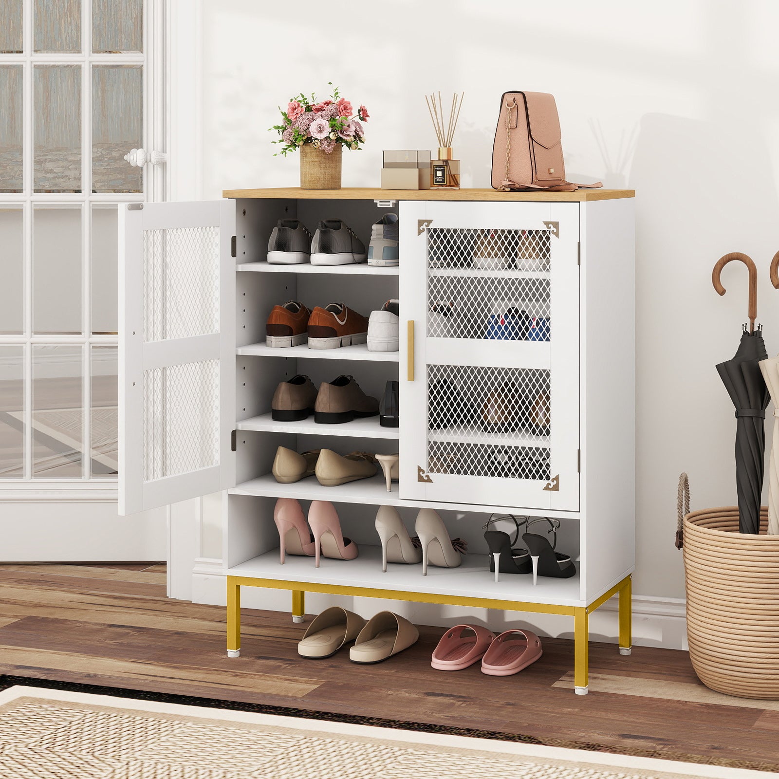 5-Tier Shoe Cabinet with Mesh Doors and Adjustable Shelves-White