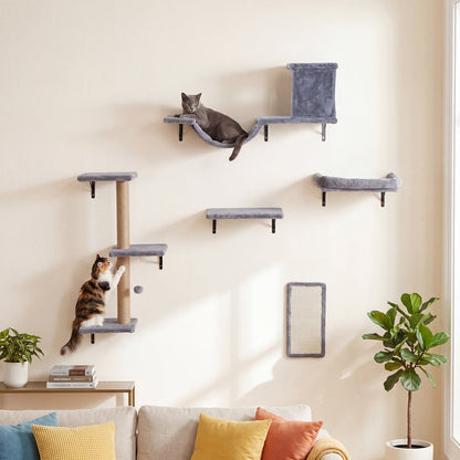 5-in-1 Cat Climbing Wall Set Padded Hanging Pet Furniture with 3-Level Cat Tree-Grey