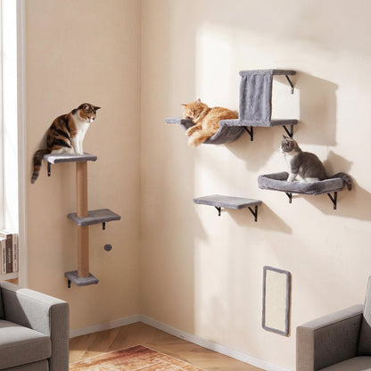 5-in-1 Cat Climbing Wall Set Padded Hanging Pet Furniture with 3-Level Cat Tree-Grey
