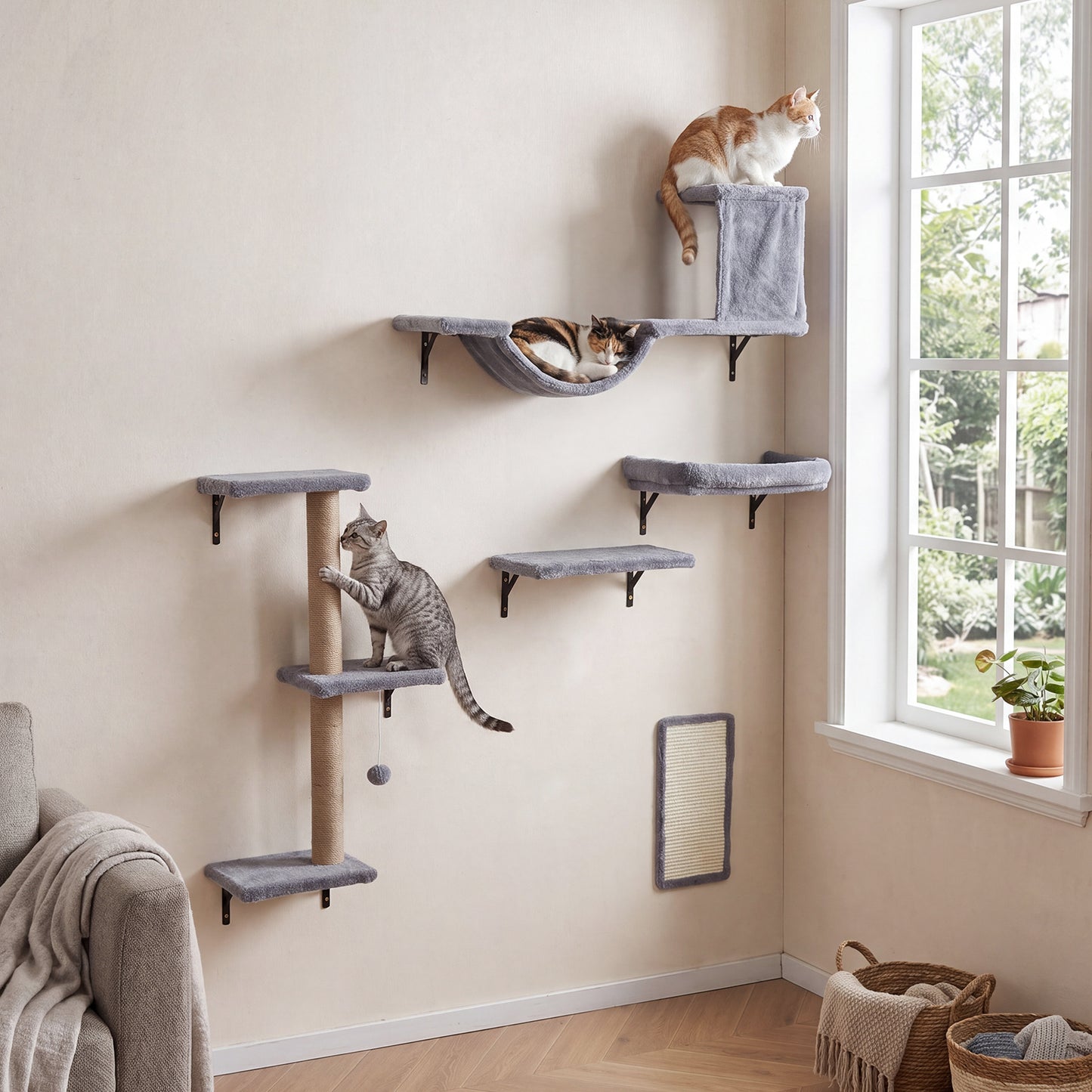 5-in-1 Cat Climbing Wall Set Padded Hanging Pet Furniture with 3-Level Cat Tree-Grey