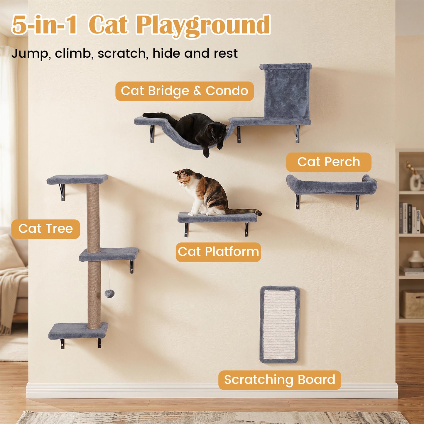 5-in-1 Cat Climbing Wall Set Padded Hanging Pet Furniture with 3-Level Cat Tree-Grey