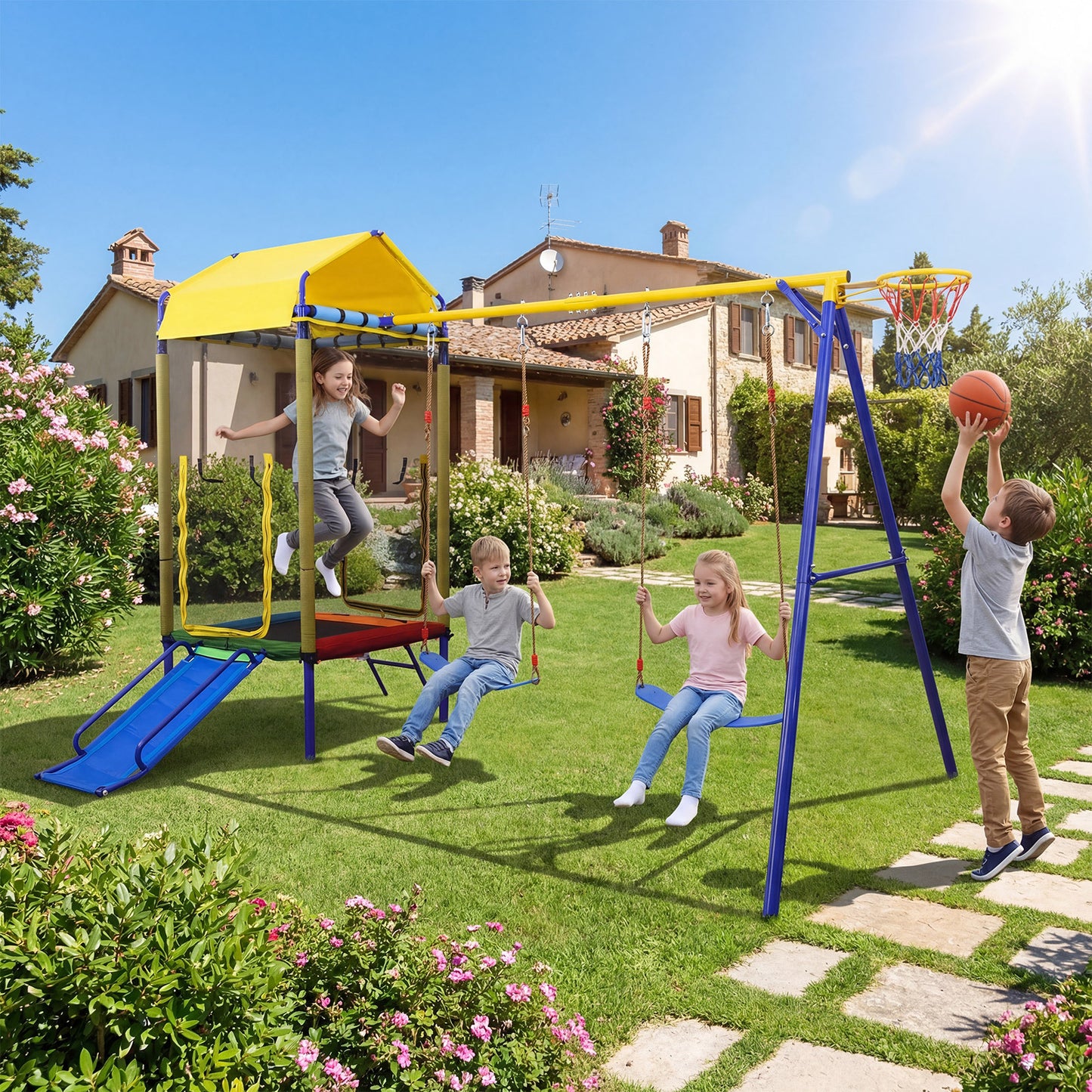 5-in-1 Kids Swing Set for Backyard Heavy-duty Metal Swing Stand with Trampoline-Yellow
