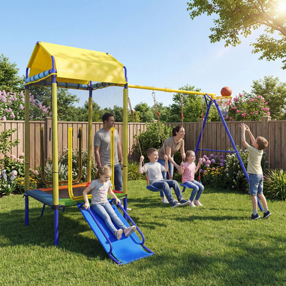 5-in-1 Kids Swing Set for Backyard Heavy-duty Metal Swing Stand with Trampoline-Yellow