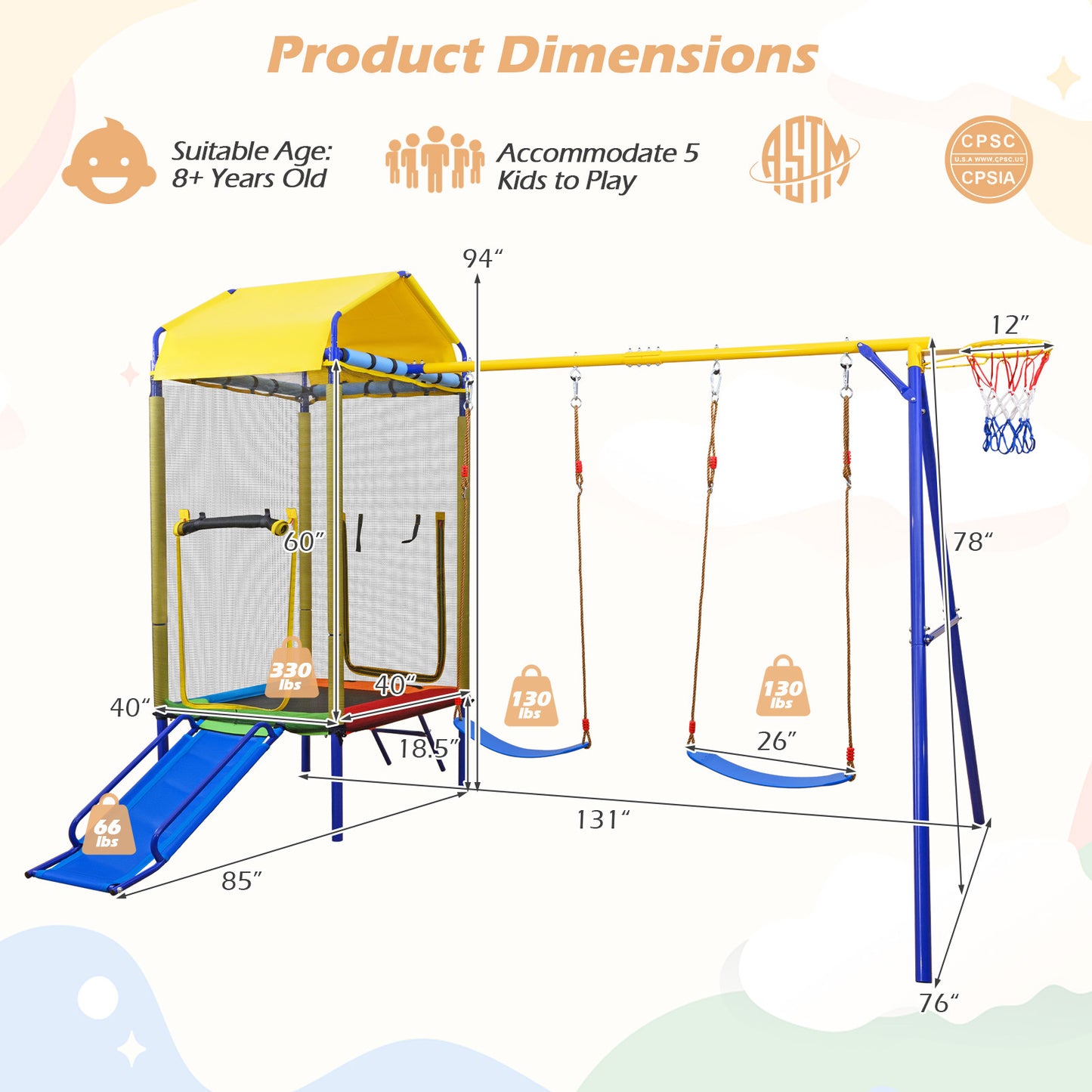 5-in-1 Kids Swing Set for Backyard Heavy-duty Metal Swing Stand with Trampoline-Yellow