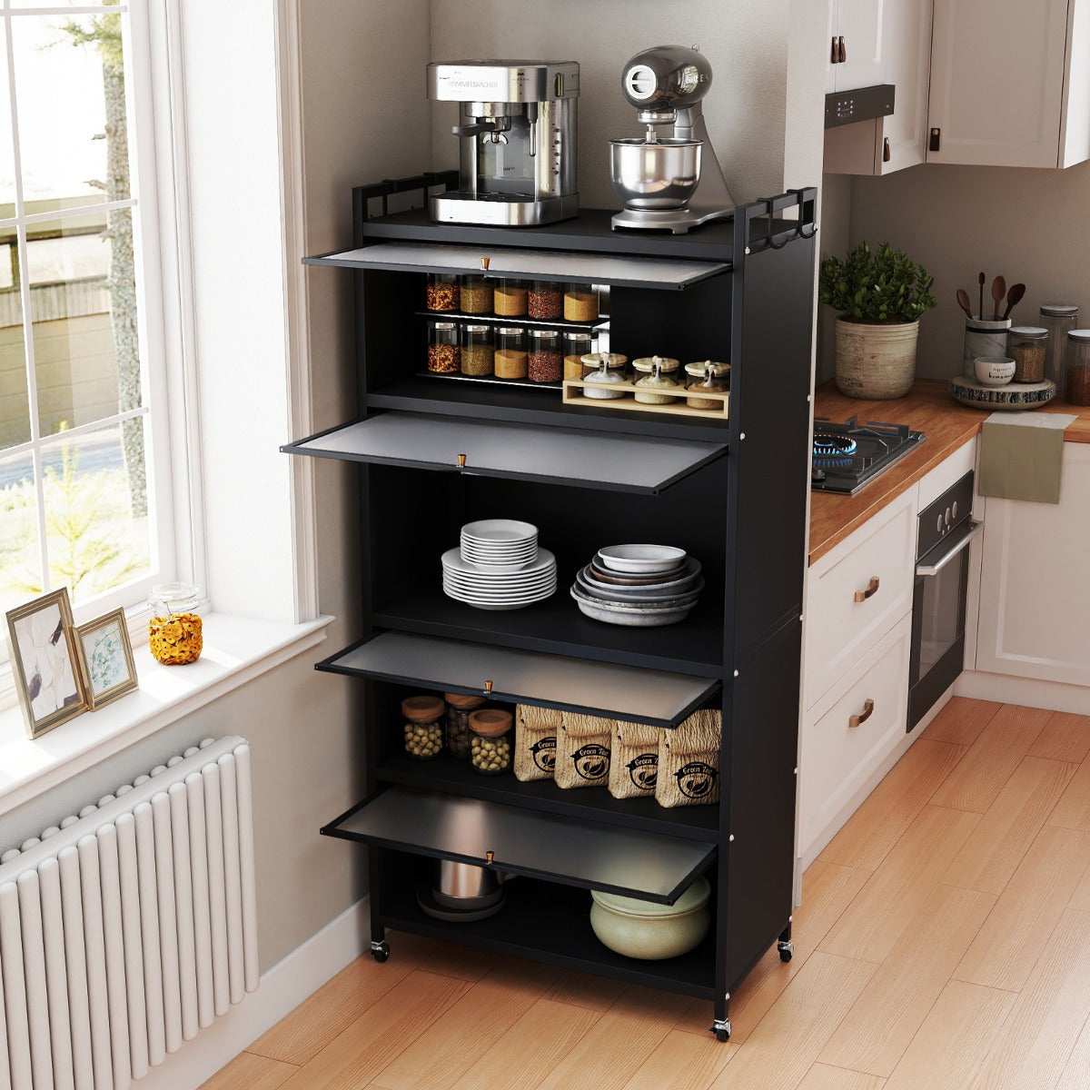 5-Tier Kitchen Storage Cabinet with Wheels and Flip-Up Doors-Black