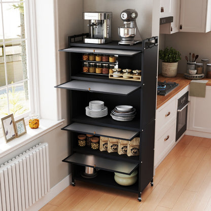 5-Tier Kitchen Storage Cabinet with Wheels and Flip-Up Doors-Black
