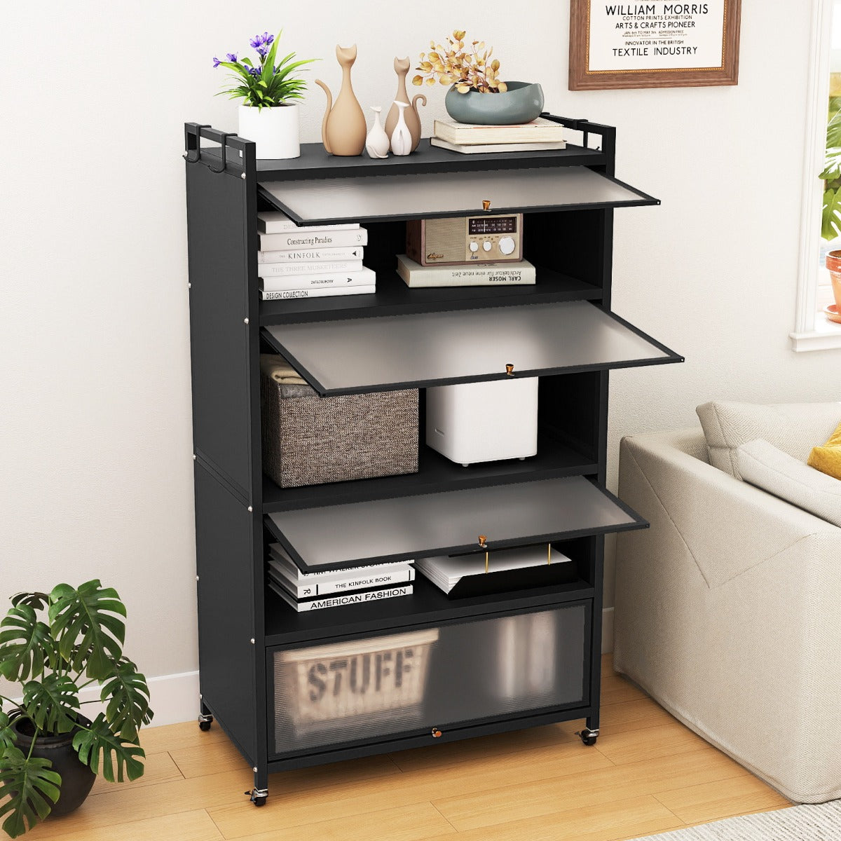 5-Tier Kitchen Storage Cabinet with Wheels and Flip-Up Doors-Black