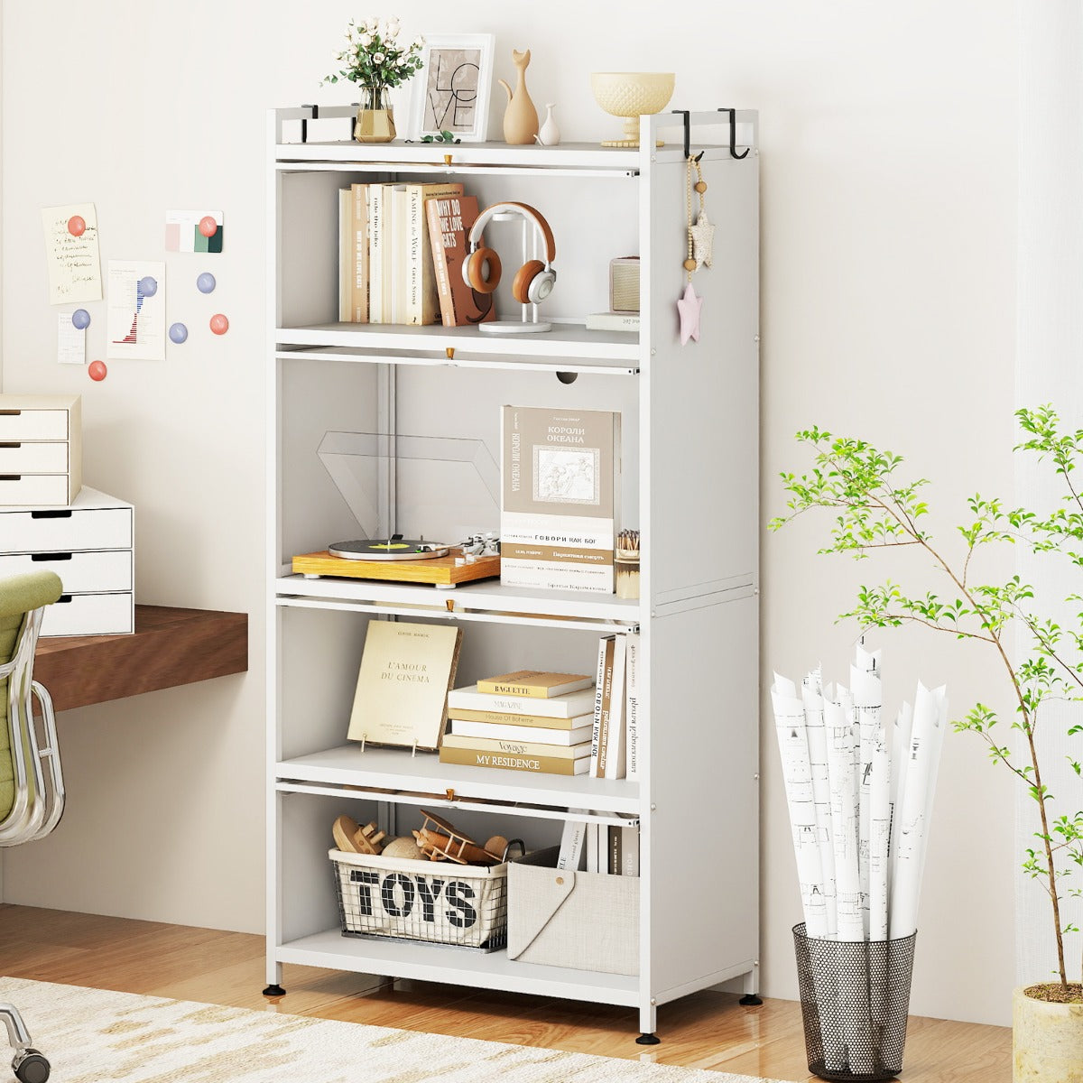 5-Tier Kitchen Storage Cabinet with Wheels and Flip-Up Doors-White