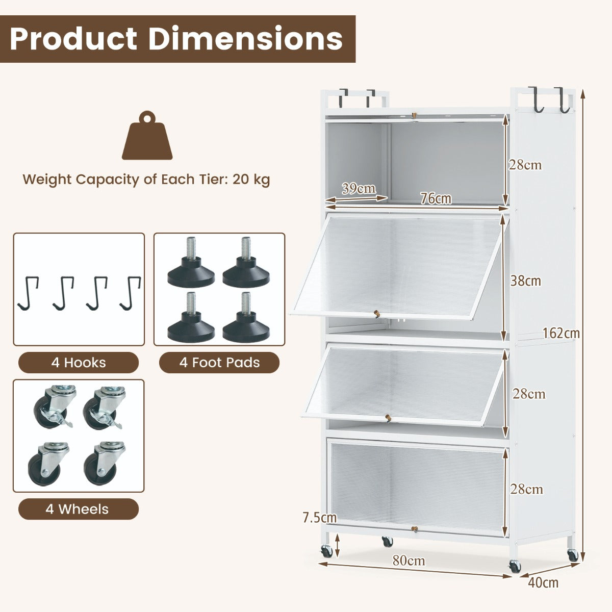 5-Tier Kitchen Storage Cabinet with Wheels and Flip-Up Doors-White